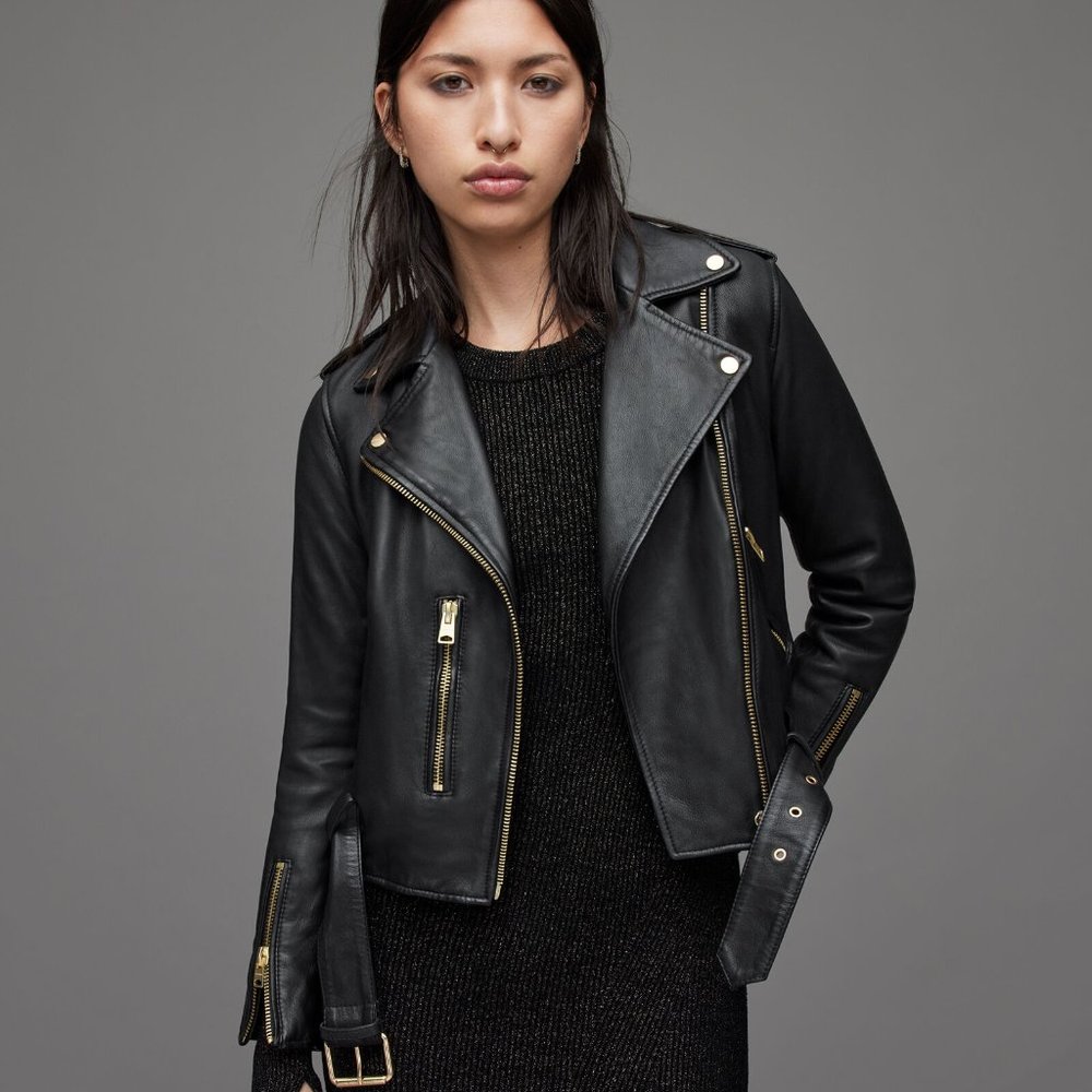 NWOT All Saints Balfern Gold Leather Biker Jacket, US 4